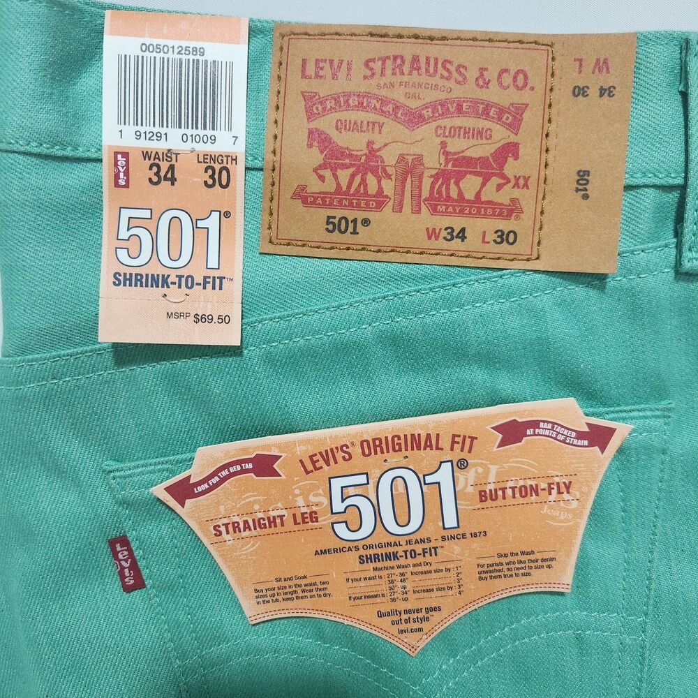 Levi's Men's 501 Original Shrink to Fit Jeans Spring Mint Teal Green 34W x 30L - Picture 3 of 7